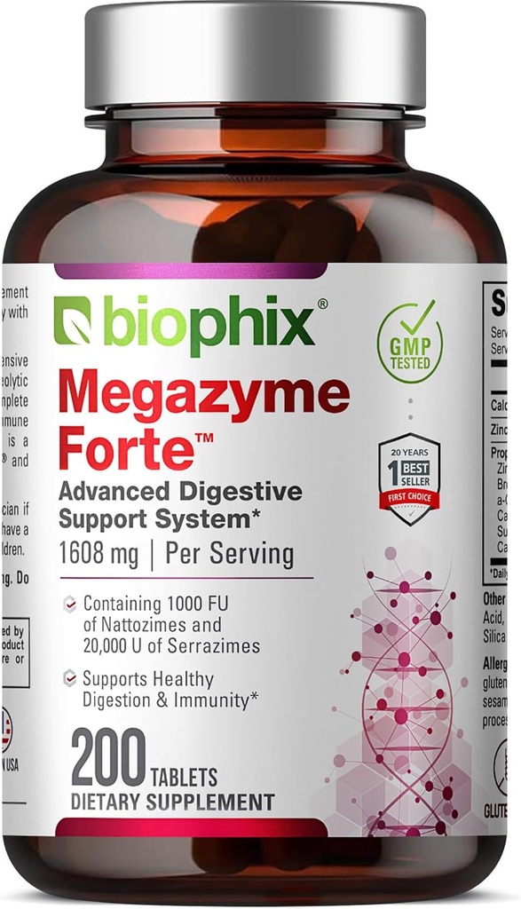 Biophix Megazyme Forte 200錠 - 天然植物プロテオリン系酵素Nuttozimes Serrazimesは消化器系免疫健康をサポート