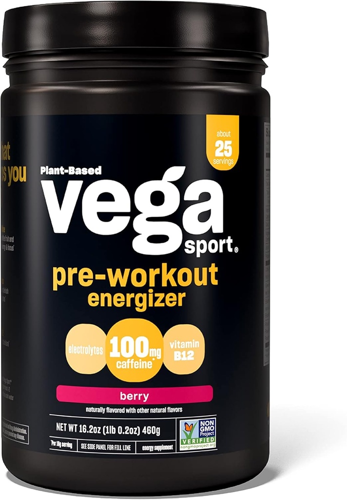 Vega Sport Energizer, Acai Berry, Pre Workout Powder for Women and Men, Supports Energy and Focus, Electrolytes, Vegan, Keto, Gluten Free, Dairy Free, Non GMO (25 Servings) , 1.01 Pound (Pack of 1)