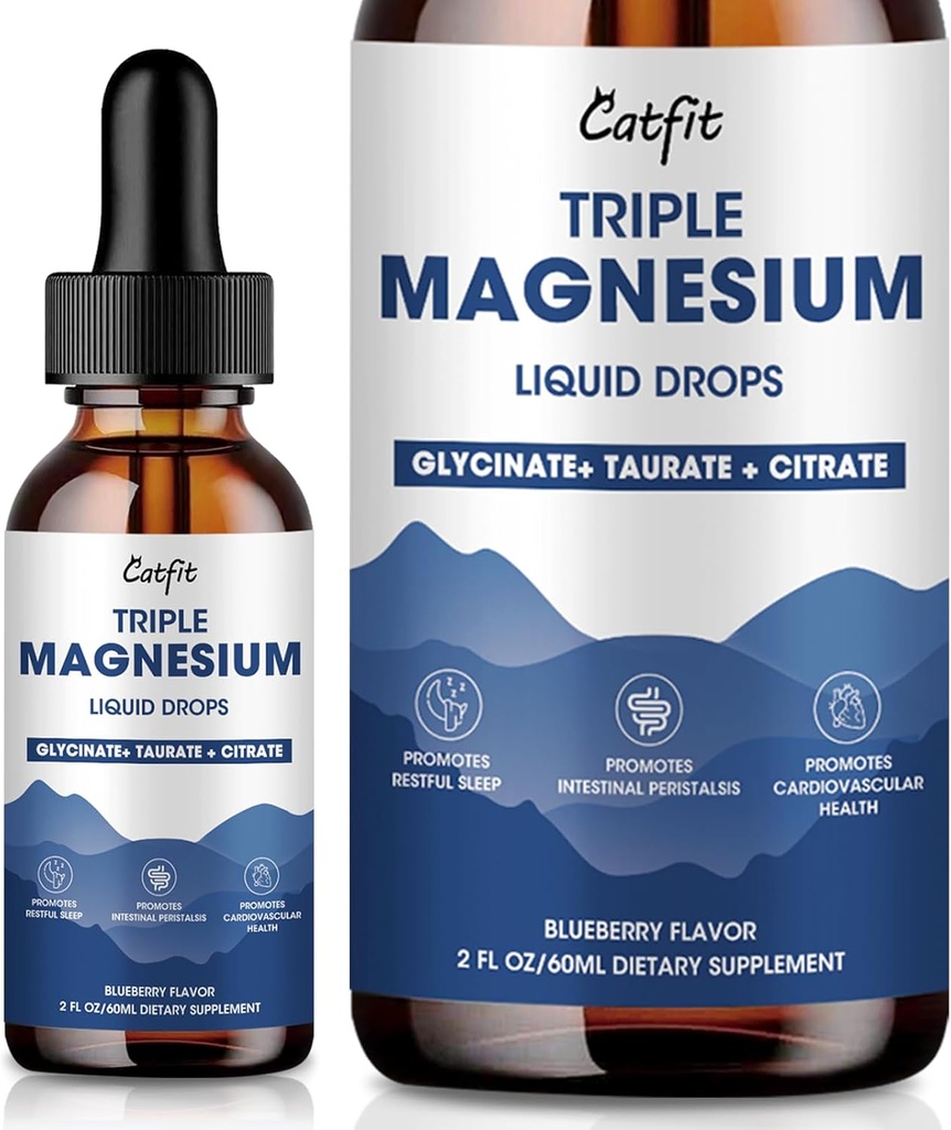 Magnesium Glycinate Liquid Drops with Taurate & Citrate, Magnesium Supplement for Sleep, Calm & Relaxation, with Potassium & Omega-3, High Absorption Formula, Blueberry Flavor, 2 Fl Oz