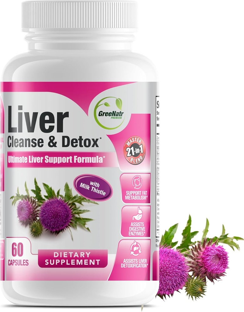 GreeNatr Liver Cleanse Detox & Repair Formula - Milk Thistle, Berberine, Ginger, Beet Root, Dandelion Root, Artichoke Extract, and Chanca Piedra for Optimal Liver Health Support (1 Bottle)