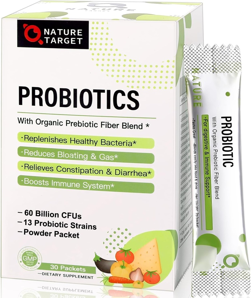 女性のためのNATURE TARGET Probiotics-Men-Kids Probiotic Powder 60 Billion CFUs 13 Strains - 消化の健康、保存安定性、非GMO、グルテンフリー30パケットのためのプレバイオティクスとプロバイオティクス