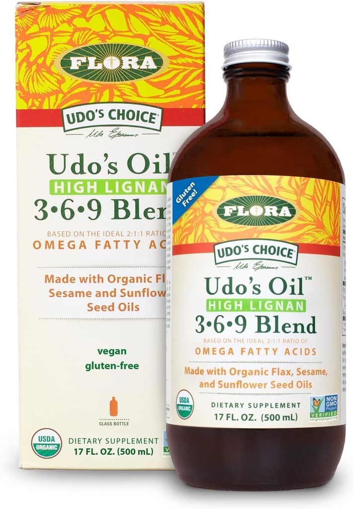 フローラ - Udo's Choice High-Lignan 369 Omega Oil Blend、Udo's Oil Balanced 2:1 オメガ脂肪酸の比率、有機亜麻、Sesame&Sunflower Seed Oil、17 oz。 ガラスボトル