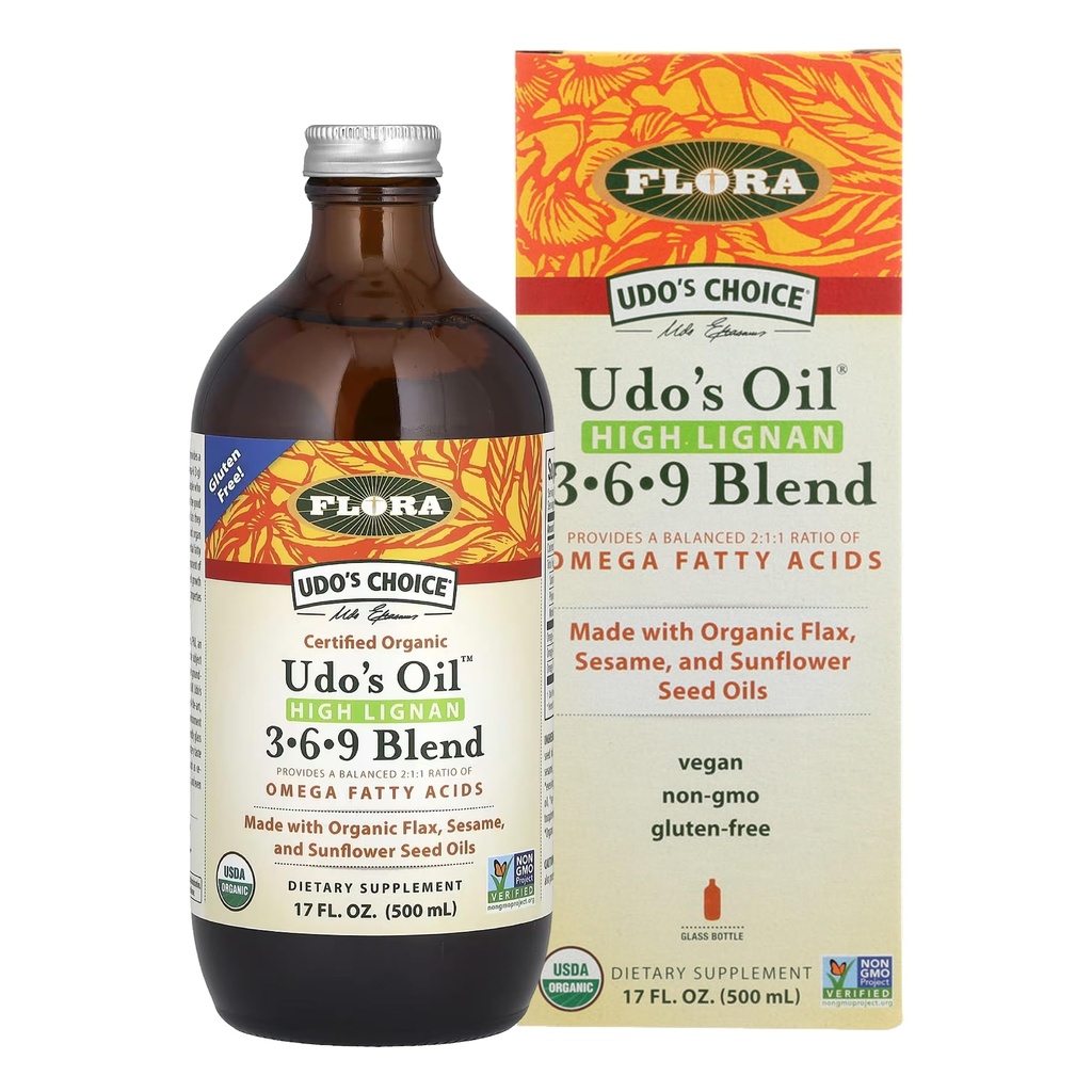 フローラ - Udo's Choice High-Lignan 369 Omega Oil Blend、Udo's Oil Balanced 2:1 オメガ脂肪酸の比率、有機亜麻、Sesame&Sunflower Seed Oil、17 oz。 ガラスボトル