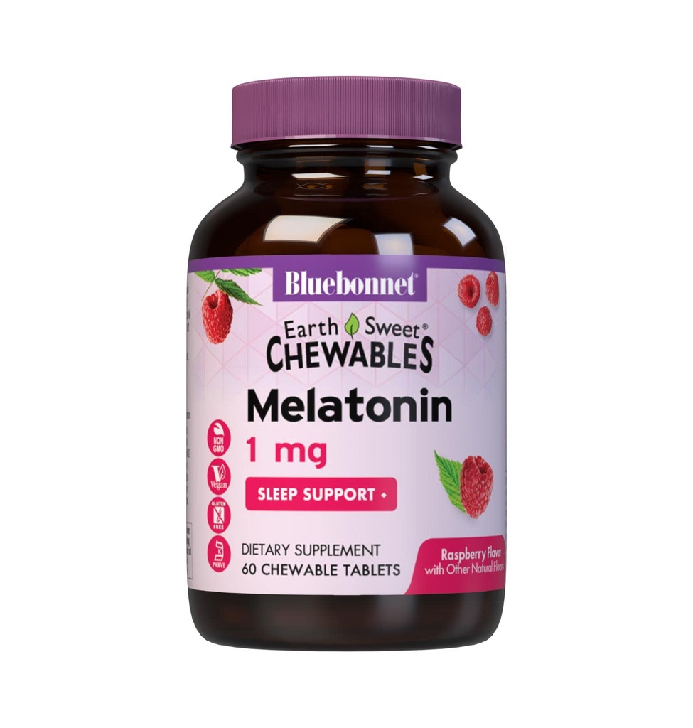 Bluebonnet栄養EarthSweet Melatonin 1mg高速解体ナイトタイムリラクゼーション&残りの睡眠サポート - 睡眠補助金 - グルテンフリー、ビーガン - 味 - 咀嚼可能なタブレットラズベリー