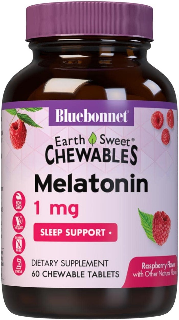 Bluebonnet栄養EarthSweet Melatonin 1mg高速解体ナイトタイムリラクゼーション&残りの睡眠サポート - 睡眠補助金 - グルテンフリー、ビーガン - 味 - 咀嚼可能なタブレットラズベリー