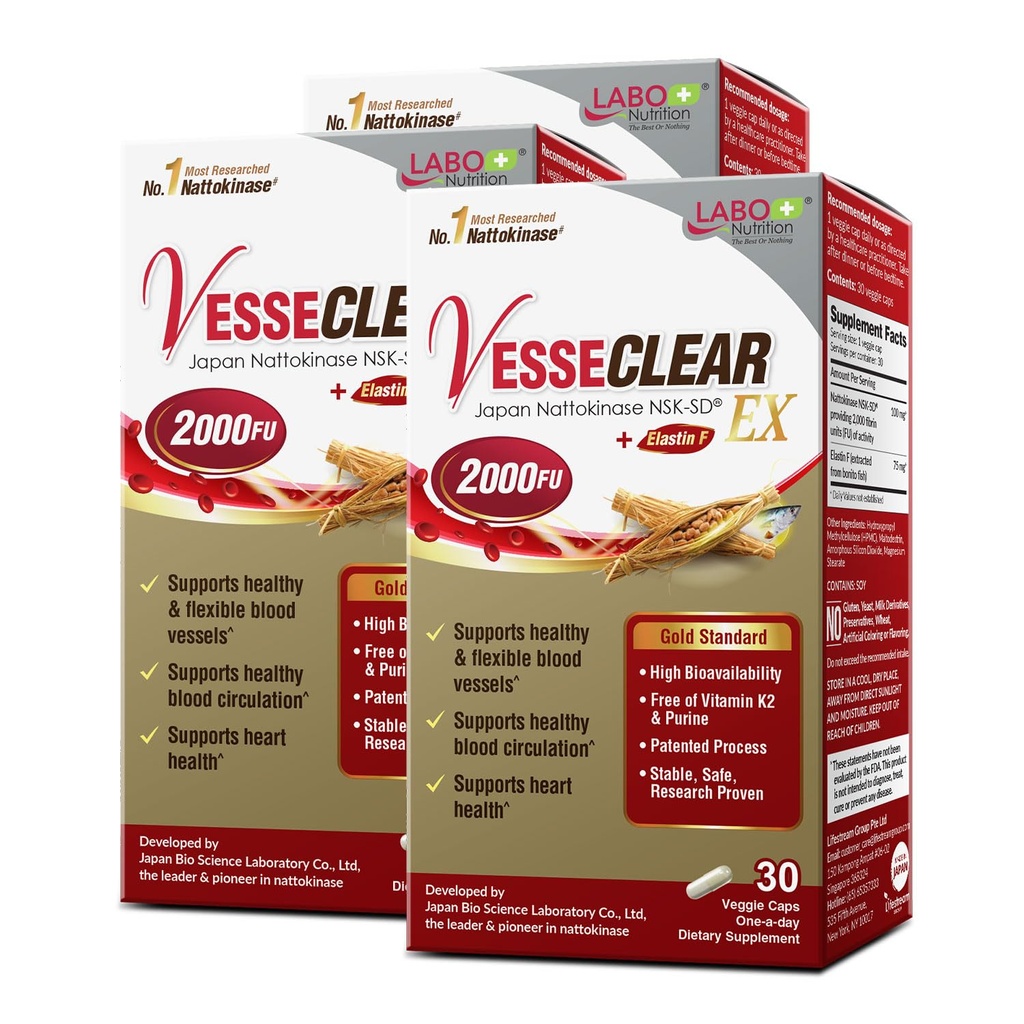 LABO Nutrition VesseCLEAR EX:Nattokinase NSK-SD+Elastin F for Clean & Flexible Blood Vessel。 日本で最も臨床的に研究、機能性線量、酸抵抗/剥離カプセル、90カウント