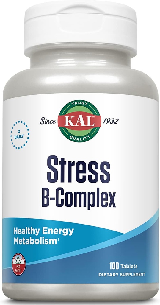 KAL Stress B Complex Vitamin Supplement, Vitamin B Complex for Energy, Stress, Red Blood Cell Formation and Immune Support, with Vitamin B12, B6 and Folic Acid, 60-Day Guarantee, 50 Serv, 100 Tablets
