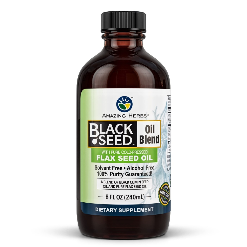 アメイジングハーブコールドプレスブラックシードとフラックスシードオイルブレンド - Gluten-Free、非GMO、オメガ3、6、および9のハイ、ジョイント、脳、およびハート機能をサポート - 8 Fl Oz
