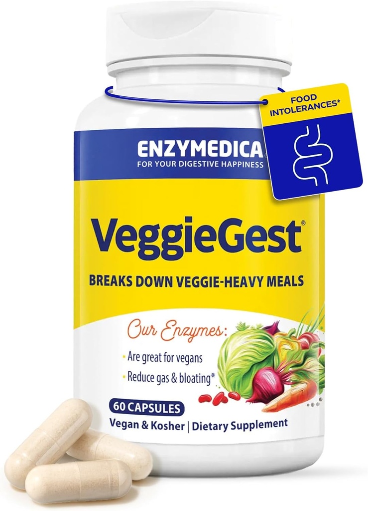 Enzymedica, VeggieGest, 消化器系酵素, 高繊維の食事からの時事的なガスとブロッキング救済をサポート, ビーガン&ベジタリアンダイエット, 消化の健康のための酵素ブレンド, 60 カウント
