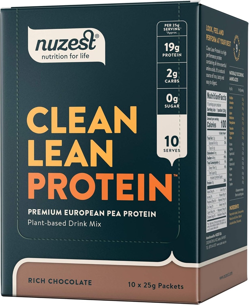 Nuzest - エンドウ豆プロテインパウダー - きれいなリーンプロテイン、プレミアムビーガン植物ベースのプロテインパウダー、乳製品無料、GMOフリー、タンパク質シェイク、豊富なチョコレート、0.9オンス、10のパック
