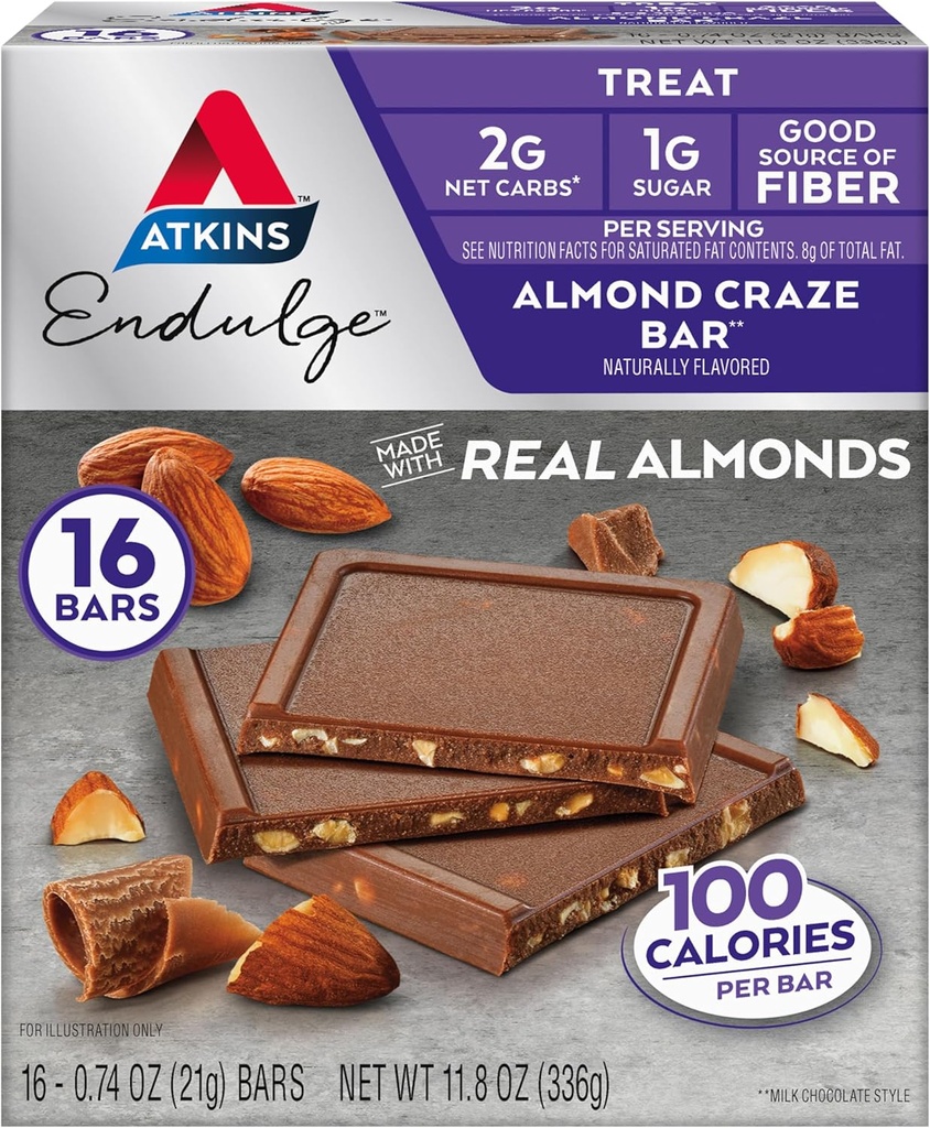 Atkins Endulge Treat, Almond Craze Bar, 2g Net Carbs, 1g of Sugar, Good Source of Fiber, Keto Friendly, 16 Count