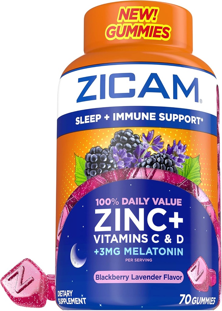 Zicamの睡眠+免疫サポート。 亜鉛、Gummyの補足、BlackBerryのラベンダーの味、ビタミンCおよびビタミンD、サービングごとの3mg Melatonin、70の計算
