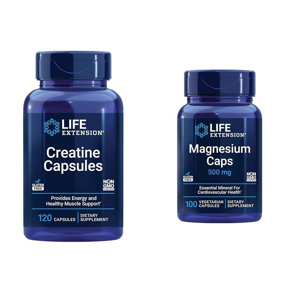 ライフエクステンションクレアチンカプセル120カウント&マグネシウムキャップ500mg 100カウント - 筋肉の強さ、心の健康