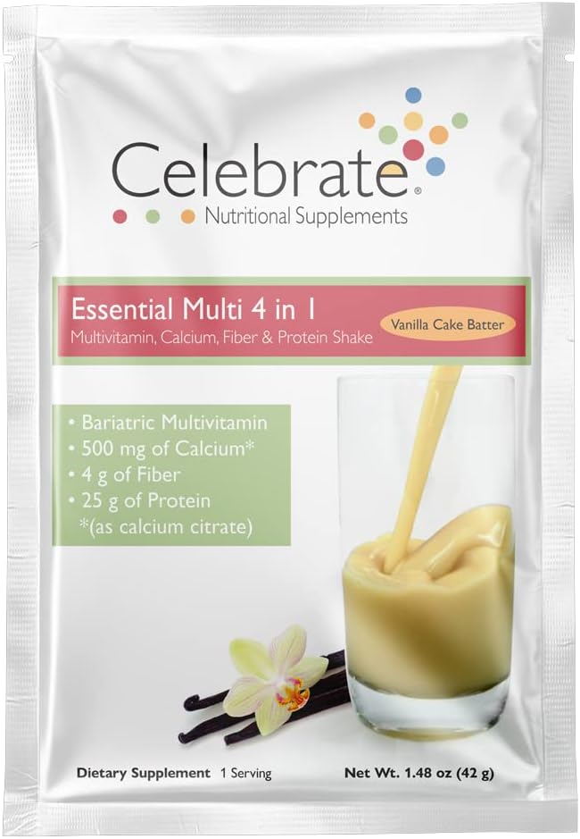 ビタミンを祝います 4-in-1 カルシウムクエン酸塩蛋白質の揺れ、500mg CalciumのポストのBariatricの外科、バニラ ケーキのバッター、15の単一のサーブのパケットのためのBariatric Multivitamin