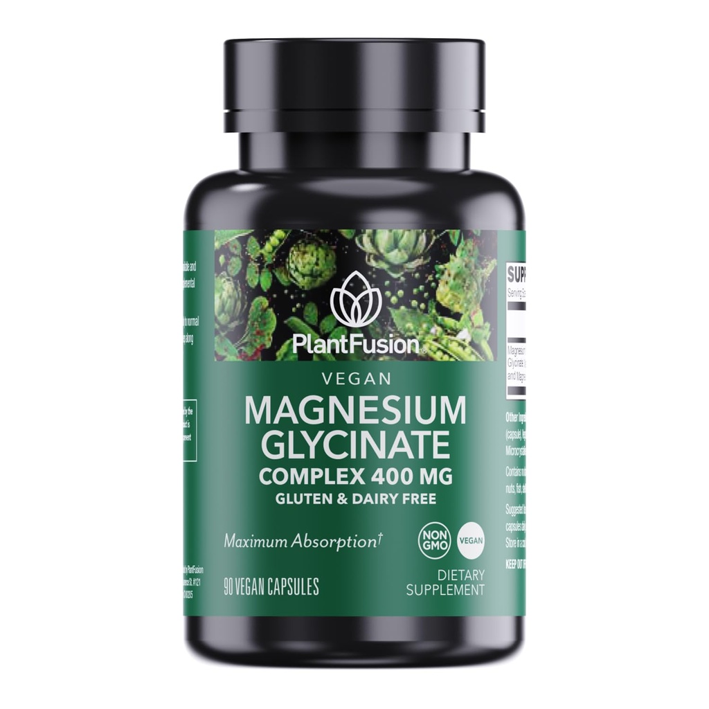 PlantFusion ビーガン マグネシウム グリシナートコンプレックス 400 mg - 高吸収性 & 生物学的利用性 - Chelated - 筋弛緩をサポート, 睡眠, 心臓の健康, ストレスリリーフ, エネルギー生産 - 非 GMO