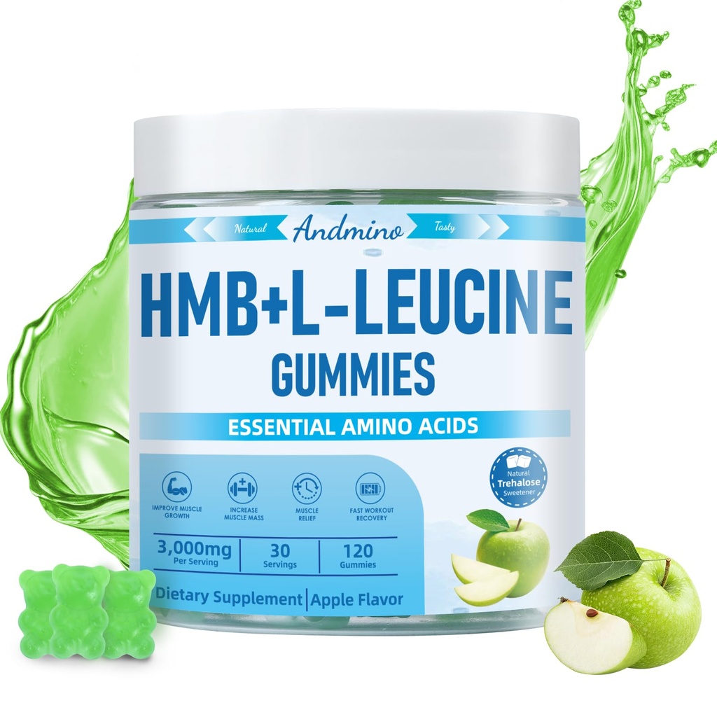 HMB と L ロイシン グミー, 3000 mg, Trehalose と, 筋肉の成長のため, 筋肉の軽減とワークアウトの回復, 大人のため & 高齢者, 非 GMO, ビーガン, グルテンフリーグルテン, アップル フレーバー, 120