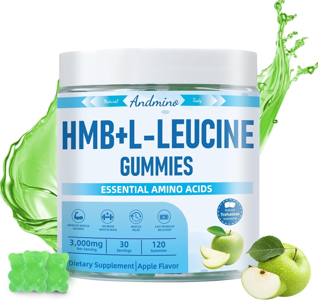 HMB and L-Leucine Gummies, 3000mg, with Trehalose, for Muscle Growth, Muscle Relief and Workout Recovery, for Adults & Elder, Non-GMO, Vegan, Gluten Free, Apple Flavor, 120