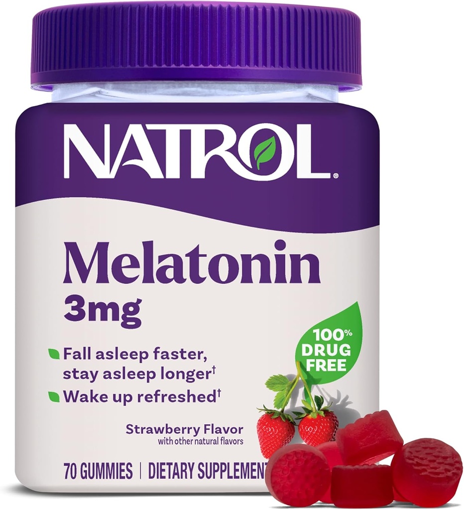 Natrol Melatoninのグミ、大人のための睡眠サポート、睡眠のための3つのmg Melatoninの補足、70のいちご風味のグミ、70日の供給まで