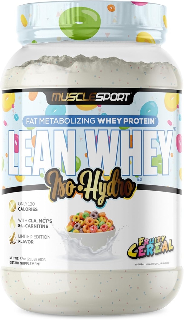 Musclesport Lean Whey RevolutionTMプロテインパウダー - Wheyプロテインアイソレート - 低カロリー、低炭水化物、低脂肪、信じられないほどの味 - スコープあたり25gプロテイン(2lb、フルーティーシリアル)