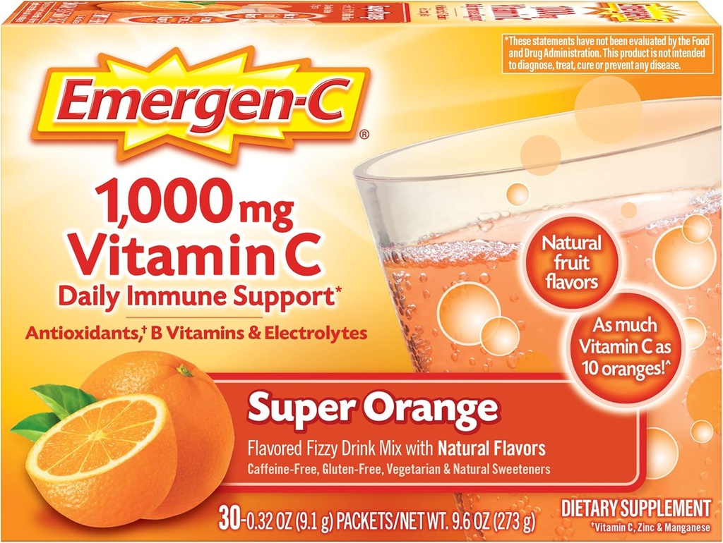 毎日の免疫サポートカフェインのためのEmergen-C 1000mgビタミンCの粉は亜鉛およびマンガン、Bのビタミンおよび電解物、極度のオレンジ味- 30の計算とビタミンCの補足します