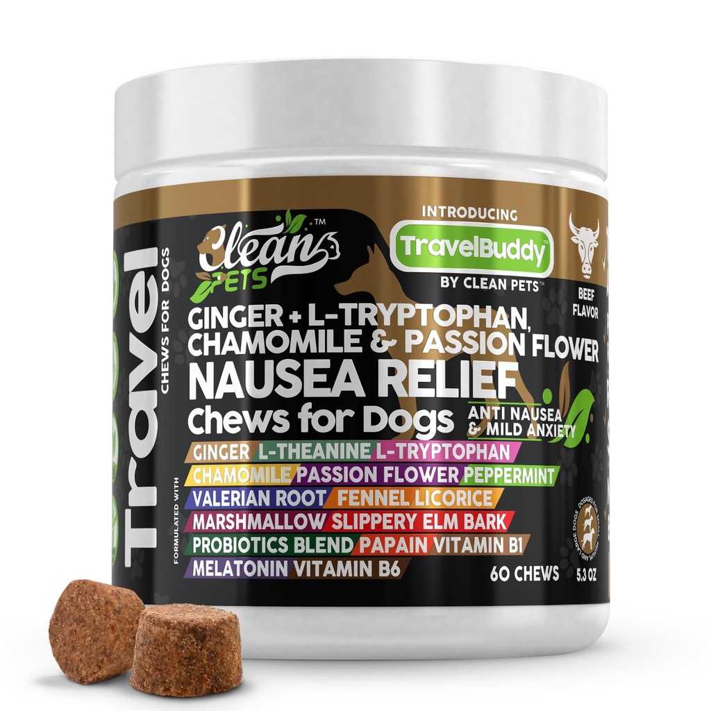 犬のための旅行咀嚼吐き気の救済 | ジンジャーL-Tryptophan ChamomileパッションフラワーL-Theanine Peppermint Valerian Root フェルナン・ルート・マルシュマロ・ルート・スプリリー・エルム・メラトニン・チュー