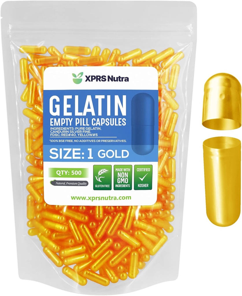XPRS Nutra Size 1 Empty Capsules - 500 Count Empty Gelatin Capsules - Pills DIY Capsule Filling - Pure Bovine Pill Gel Caps for Do-It-Yourself Supplements (Gold)