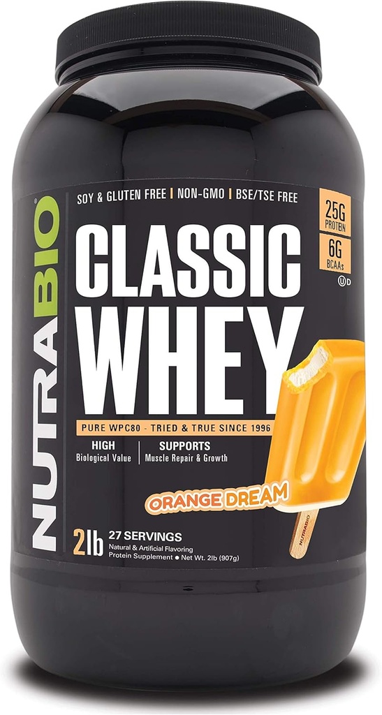 NutraBio古典的な乳タンパク質粉末 - タンパク質Per Scoopの25G - フルスペクトルアミノ酸プロファイル - いいえフィラー、人工色、防腐剤 - オレンジドリーム、2ポンド