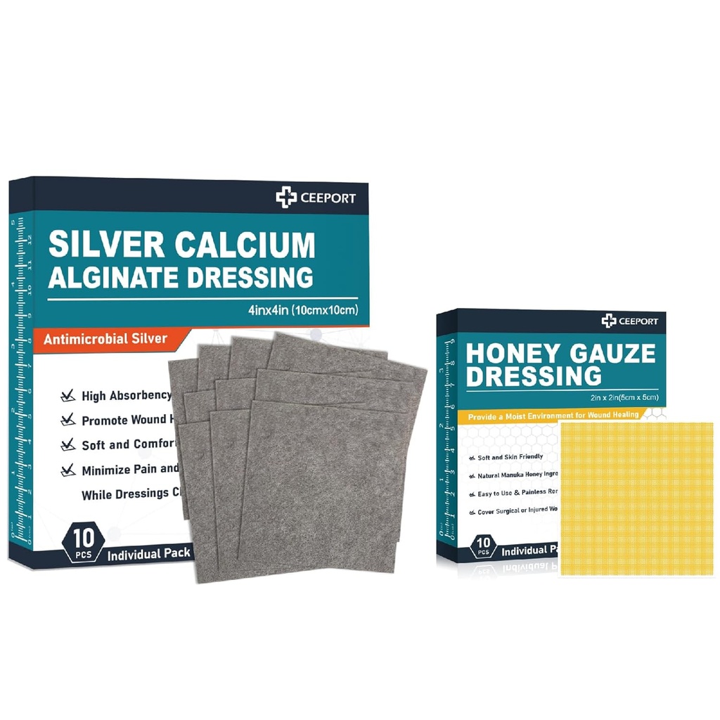 Silver Calcium Alginate Dressing (4''x4''10pcs) +Manuka Honey Gauze Dressing(2" x 2" 10pcs)