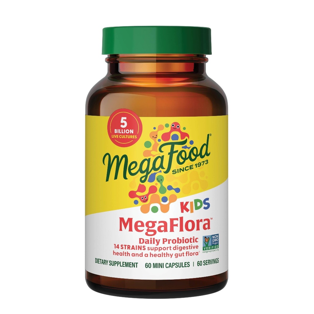 MegaFood MegaFlora Kids Probiotics - 5 Billion CFUs - Non-GMO、ベジタリアン、9食品アレルゲンなしで作られた、消化の健康のためのプロバイオティクス - 60ミニカプセル(60のサービング)