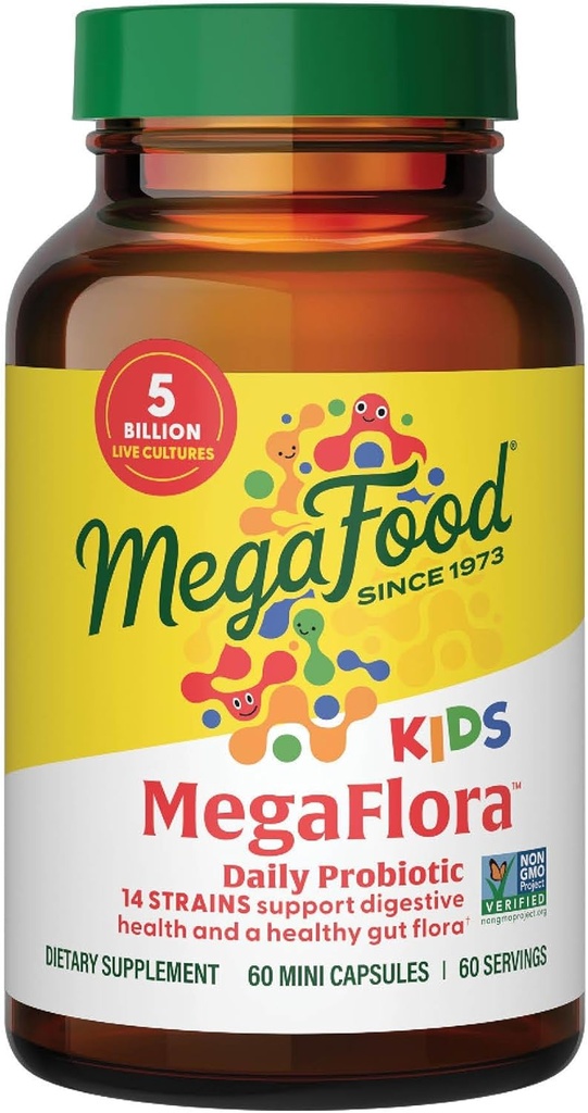 MegaFood MegaFlora Kids Probiotics - 5 Billion CFUs - Non-GMO、ベジタリアン、9食品アレルゲンなしで作られた、消化の健康のためのプロバイオティクス - 60ミニカプセル(60のサービング)