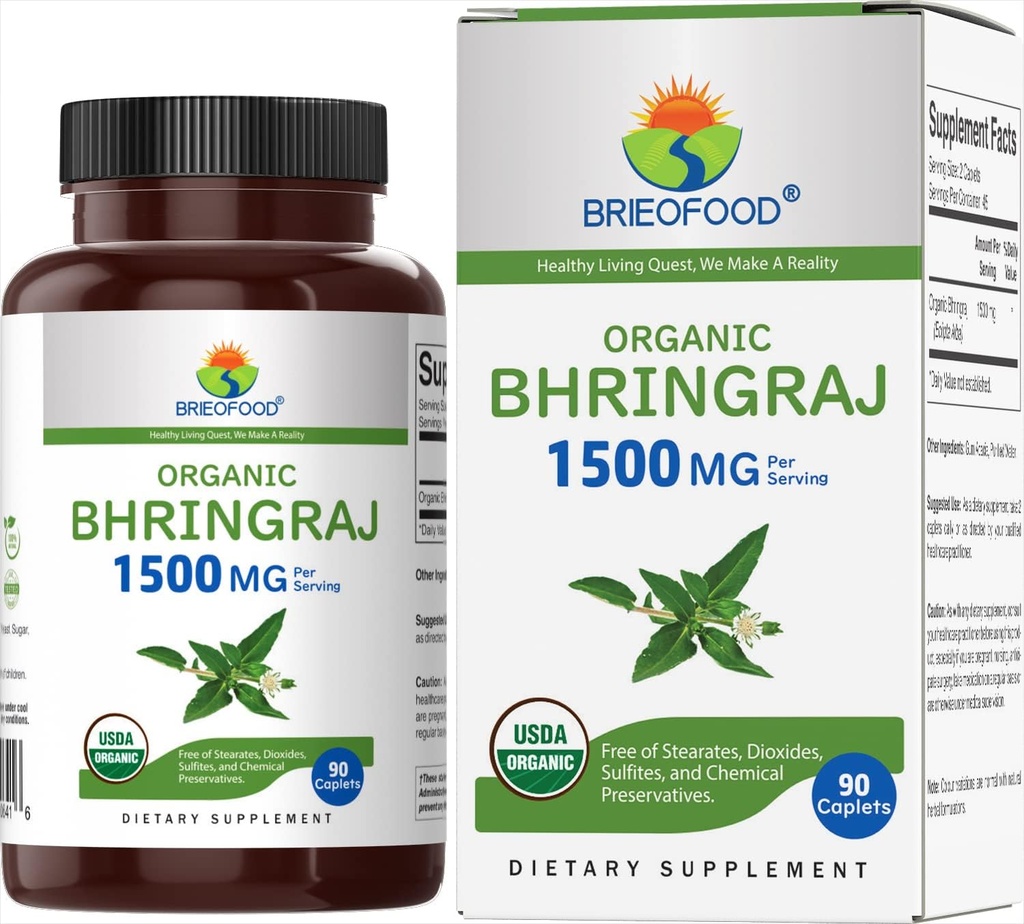 Brieofood Organic Bhringraj 1500mg、45 サービング、ベジタリアン、グルテンフリー、90 ベジタリアン タブレット