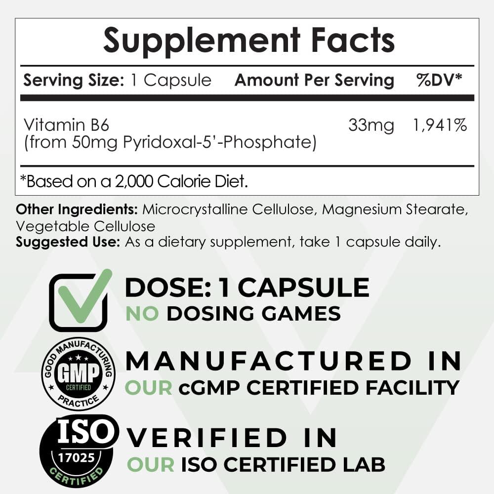 ピリドキサール-5' - リン酸カプセル(P5P) | 50mg | ビタミンB6のアクティブフォーム | 365カウント | ノトropicsデポ