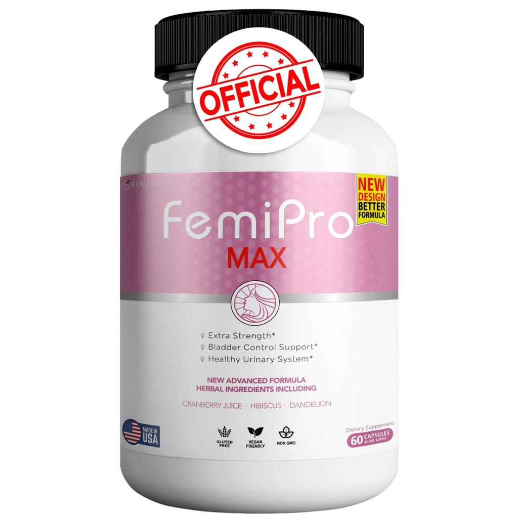 FemiPro MAX レディース尿サポートサプリメント, 60 カプセル, クランベリーと余分な強度膀胱コントロール, ハイビスカス, タンポ, ビーガン, グルテンフリー (1)