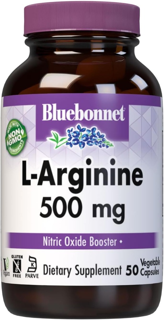 Bluebonnet Nutrition L-Arginine 500mg、Free-Form Amino Acid、Nitric Oxide Precursor、Soy-Free、Gluten-Free、Non-GMO、Kosher認定、50野菜カプセル、50サービング