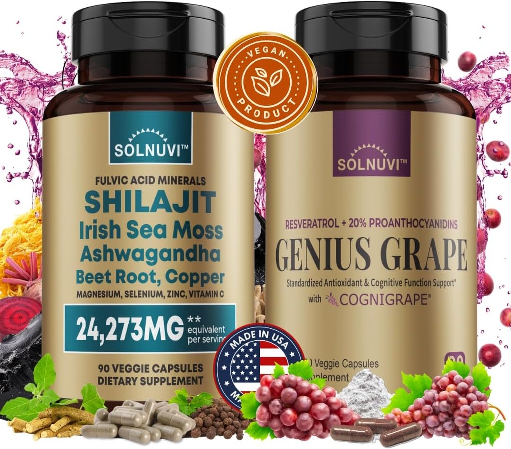 Cognitive Wellness Bundle - Resveratrol Complex & Shilajit Fulvic Acid Minerals - Sea Moss, Ashwagandha, Clinically Tested Cognigrape Red Grape Extract - Non-GMO, Gluten-free, Vegan Supplement