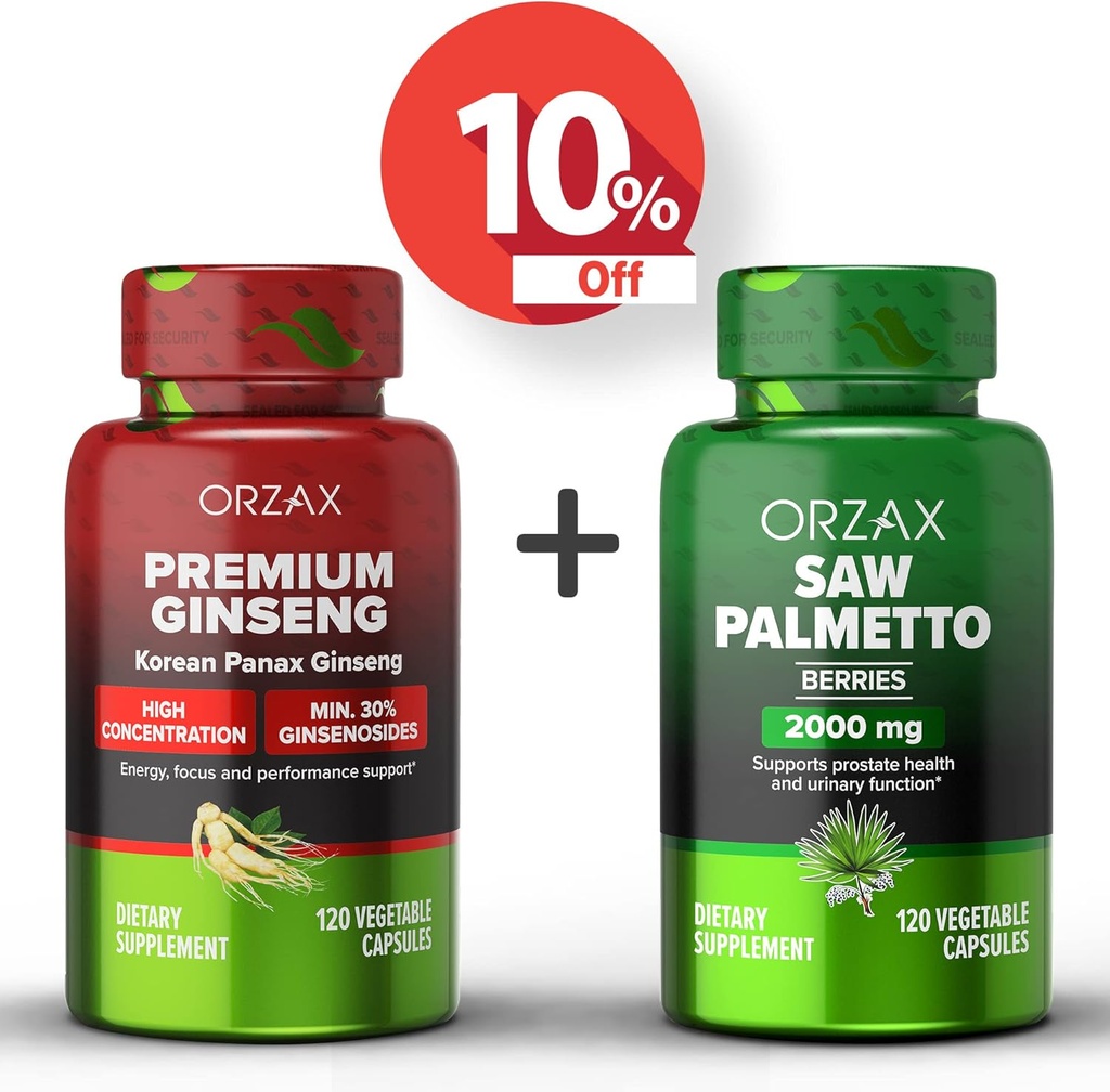 ORZAX Ginseng、30% Ginsenosides 120の野菜カプセルおよび鋸パルメット2000のmg 120の野菜カプセル、束