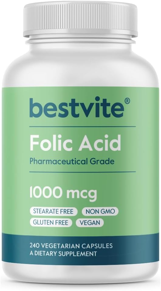 BESTVITE Folic Acid 1000mcg (Vitamin B9) (240 Vegetarian Capsules) - No Dicalcium Phosphate - No Stearates -No Silicon Dioxide - Non GMO - Gluten Free