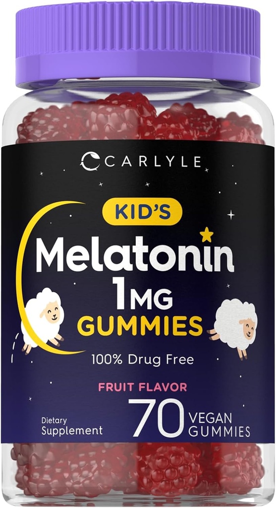 Carlyle Kids Melatonin Gummies | 1 mg 70 カウント | フルーツフレーバー ガミー | 完全菜食主義者の, 完全菜食主義者の, グルテンフリー