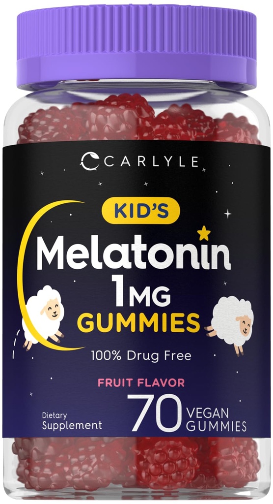 Carlyle Kids Melatonin Gummies | 1 mg 70 カウント | フルーツフレーバー ガミー | 完全菜食主義者の, 完全菜食主義者の, グルテンフリー