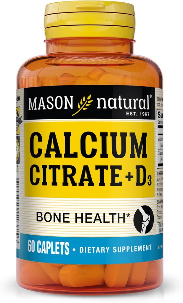 Mason Natural Calcium Citrate Plus Vitamin D3, 2 Month Supply, Strengthens Muscle Function & Bone Health, 60 Caplets