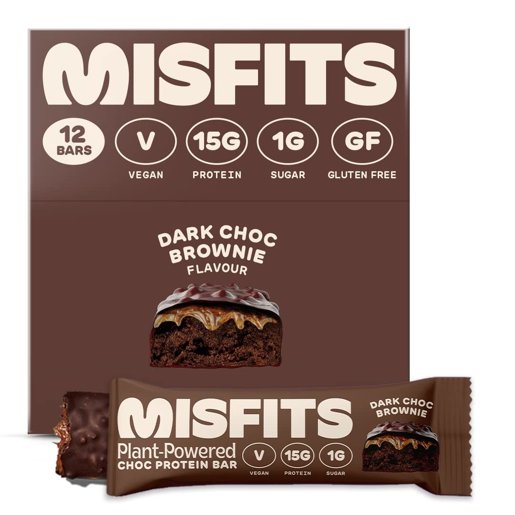 Misfitsビーガンプロテインバー、ダークチョコレートブラウン - オリジナルレシピ グルテンフリー、植物ベース、低砂糖&炭水化物、ハイファイバースナック  12のパック