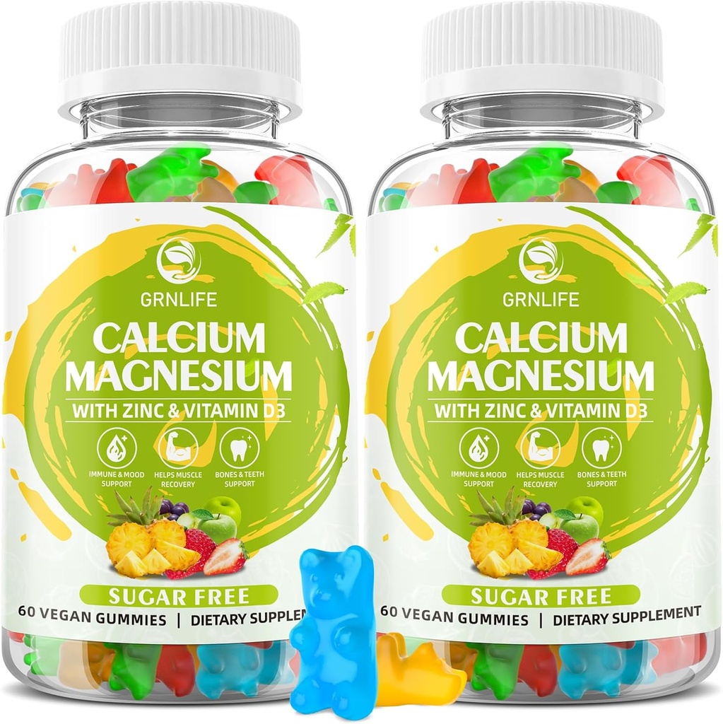 Calcium Magnesium Zinc Supplement with Vitamin D3, Sugar Free Calcium Gummies for Women Men, High Potency Magnesium Gummies for Bone & Muscle & Immune Health, Mixed Flavors - 120 Count