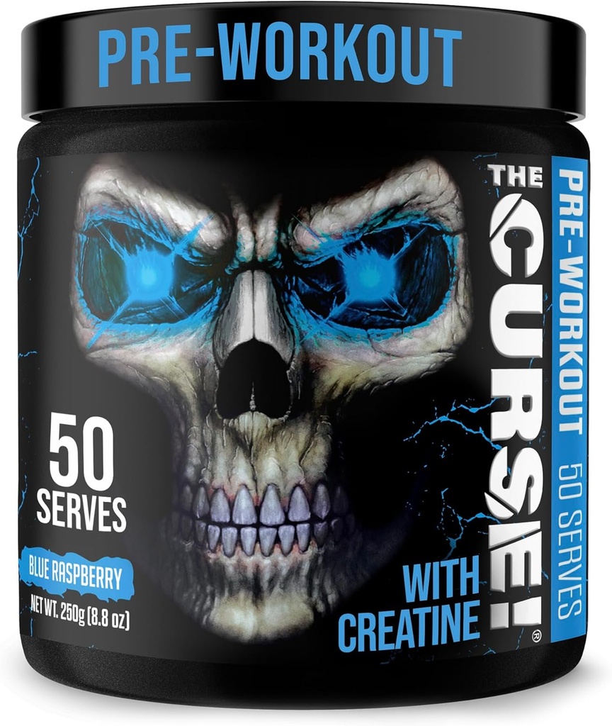 JNX SPORTS The Curse! Pre Workout Powder for Men & Women, Caffeine, Beta-Alanine, Creatine, L-Citrulline, 50 Servings, Blue Raspberry Flavor – Boost Energy, Strength & Focus