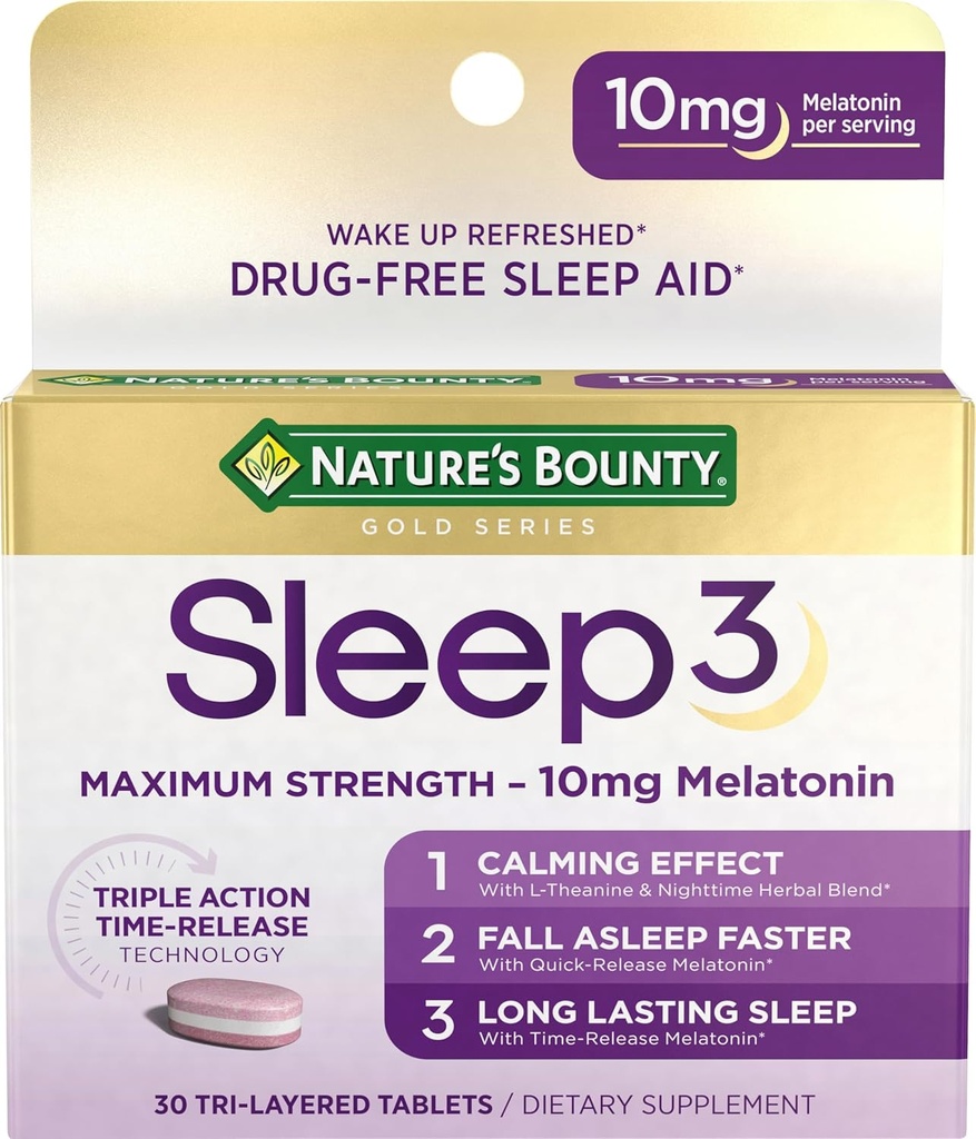 Nature's Bounty Melatonin, Sleep3 最大強度100%薬物無料睡眠補助金, L-Theanine & Nighttime Herbal Blend Time Release Technology, 10mg, 30 Tri-Layeredタブレット