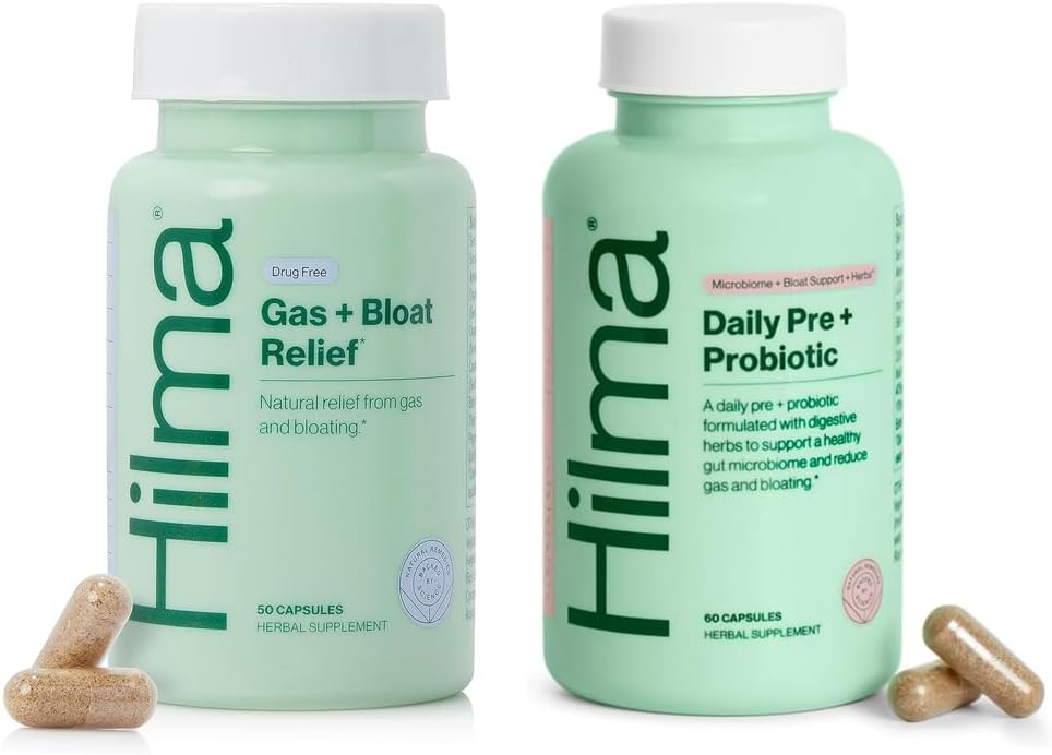 Hilma Healthy Gut & Bloat Support Bundle - Gas & Bloat Relief (50 Vegan Capsules) with Lemon Balm, Fennel & Peppermint Leaf + Daily Pre & Probiotic with Herbs (60 Vegan Capsules) for a Healthy Gut