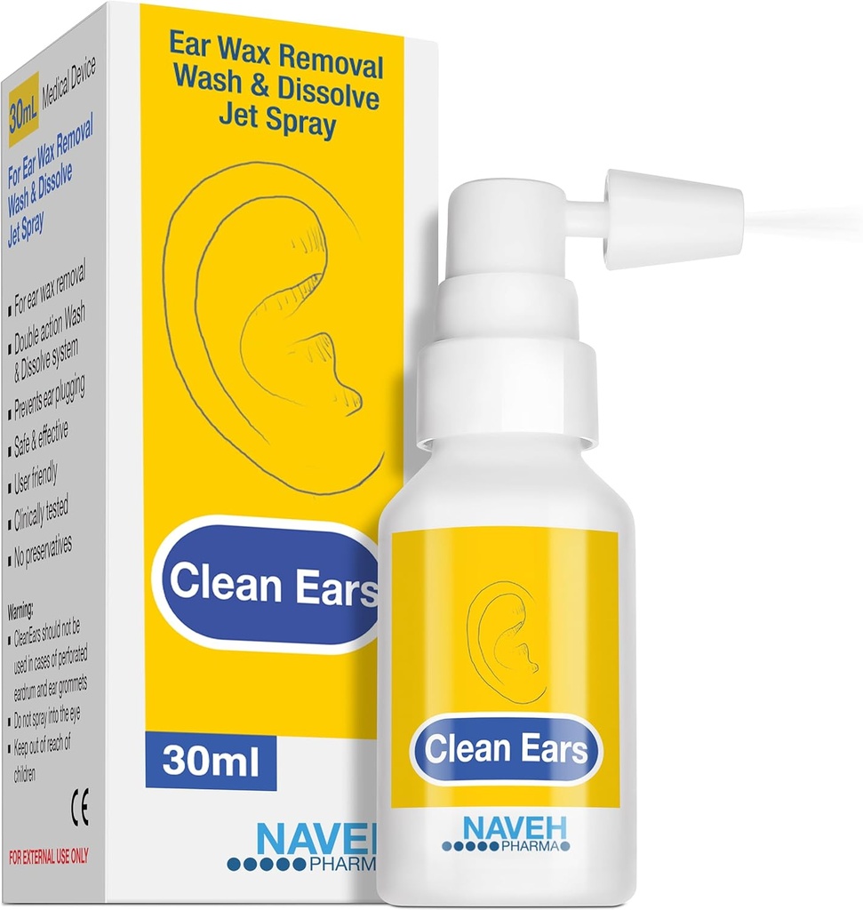 NAVEH PHARMA® CleanEars | 耳のワックス除去スプレーの高速作動 | わずか1回のトリートメントでイヤーワックスを分解 | 臨床的に300%より有効なW/Mineral Oil | Gentle & Safe | 1 Fl Oz
