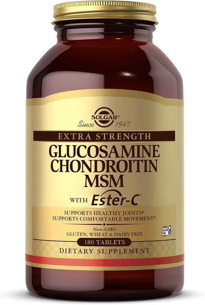 Solgar Extra Strength Glucosamine Chondroitin MSM w / Ester-C、180錠 - 健康な関節を促進し、快適な動きとコラーゲンフォーメーションをサポート - 非GMO、グルテンフリー、酪農No - 60のサービングをサポート