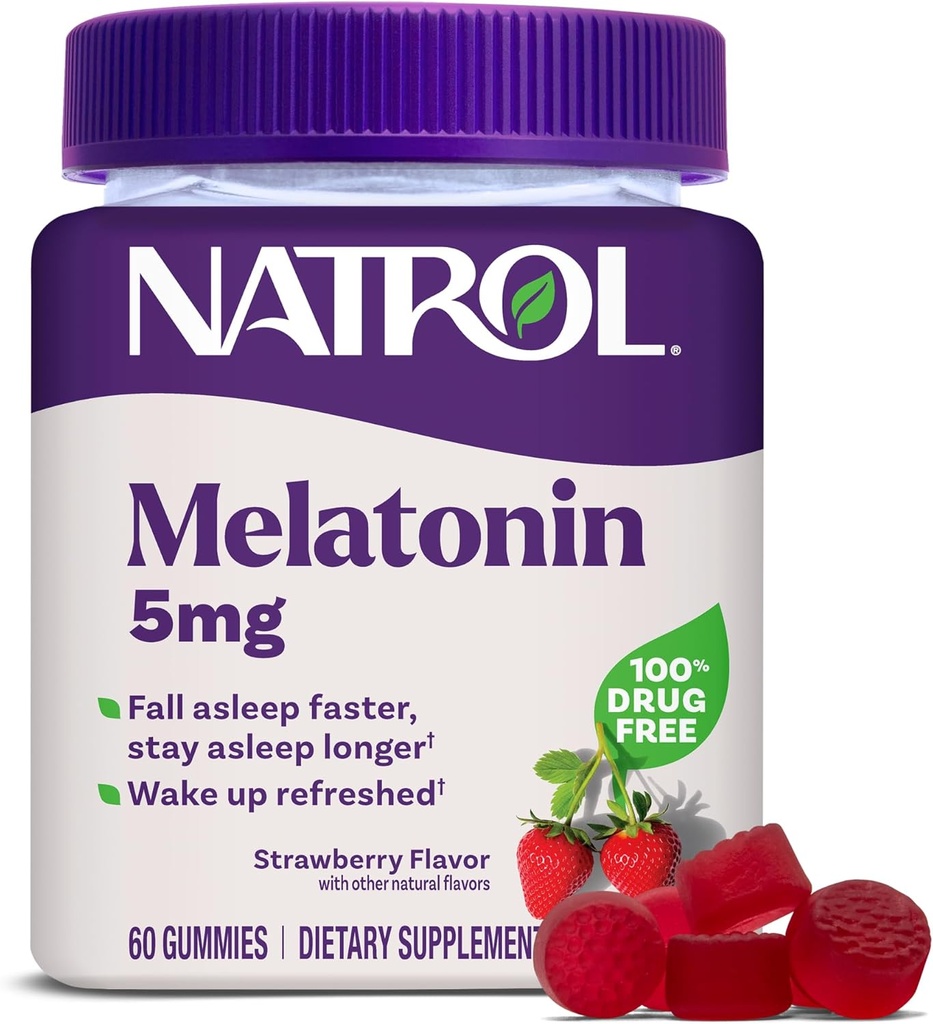 Natrol Melatonin Gummies, Sleep Support, 60 Strawberry-Flavored Adult Melatonin Gummies, 5 mg Sleep Aids for Adults