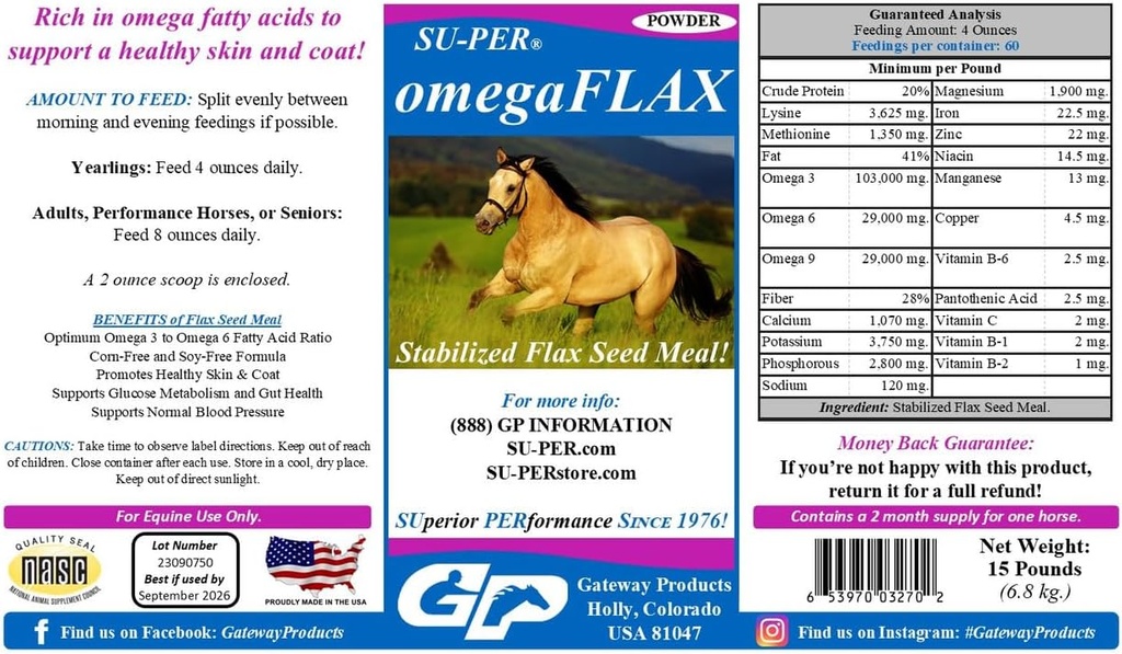 馬のためのSU-PER OmegaFLAXフラックス - プレミアム安定フラックスシードミール&オメガ3サプリメント - 健康的な肌とコートをサポート - 15ポンド