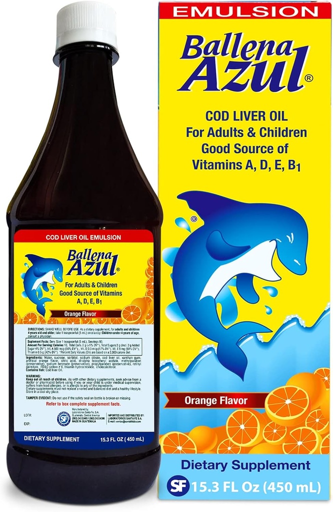 Ballena Azul Aceite de Hígado de Bacalao para Adultos y Niños, COD Liver Oil for 大人と子供, ビタミンAの良好なソース,D,E, B1, 栄養補助食品, Omega 3, Inmune System Boost (ORANGE 15 OZ)